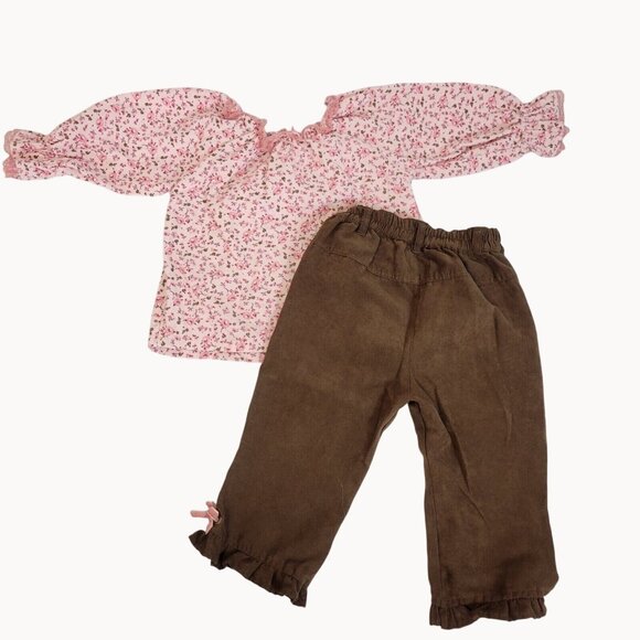 18mo Baby Girl 3pc Floral Corduroy Set Hat Top Pants Ruffle Kidcore Pink Brown - Picture 3 of 10